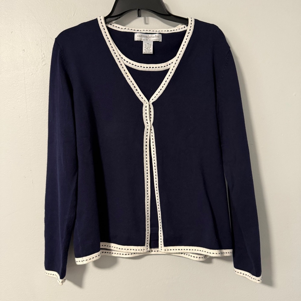 Sutton Studio Navy Blue White Trim Cardigan Tank‎ Shell Sweater Set Womens M